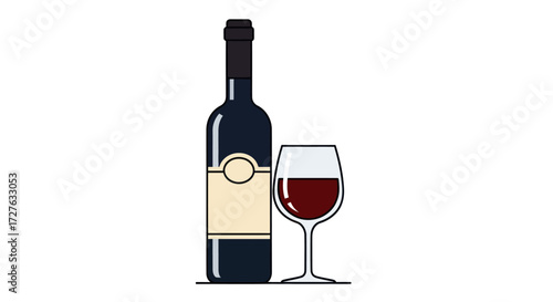 Flat illustration of a dark wine bottle and a glass of red wine.
