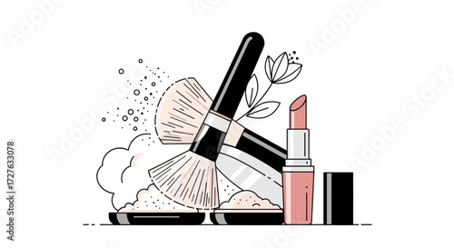 Hand-drawn line art illustration of makeup essentials including brushes lipstick and face powder.