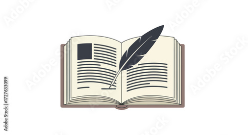 Open Book with Feather Quill Pen Illustration.