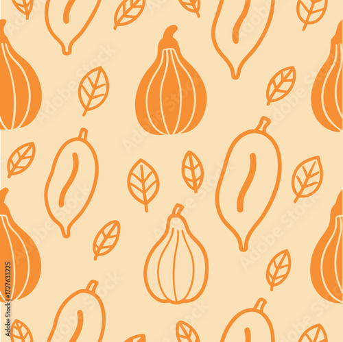 Seamless Autumn Pattern with Stylized Gourds and Leaves for Seasonal Design