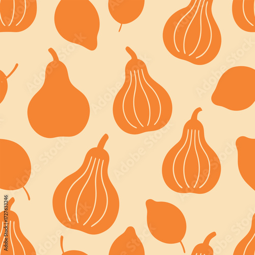 Seamless Autumn Pattern with Stylized Gourds and Leaves for Seasonal Design