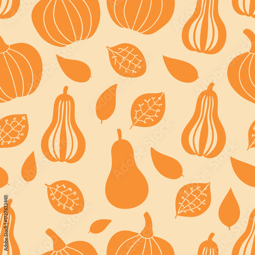 Seamless Autumn Pattern with Stylized Gourds and Leaves for Seasonal Design