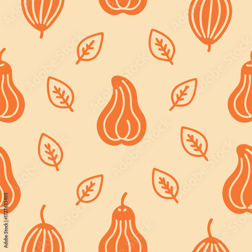 Seamless Autumn Pattern with Stylized Gourds and Leaves for Seasonal Design