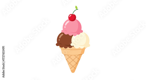 Delicious Triple Scoop Ice Cream Cone with Cherry Topping.