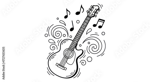 Doodle style acoustic guitar with floating music notes and decorative swirls.