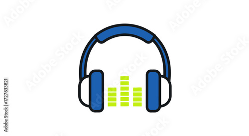 Blue cartoon headphones icon with a vibrant green sound equalizer graphic.