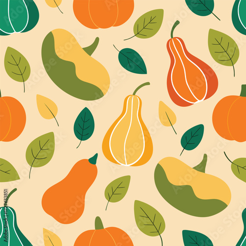 Seamless Autumn Pattern with Stylized Gourds and Leaves for Seasonal Design