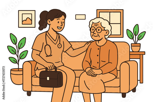 Caring nurse provides comfort and support to an elderly woman at home