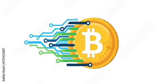 Digital Bitcoin Cryptocurrency Coin with Circuit Board Design.
