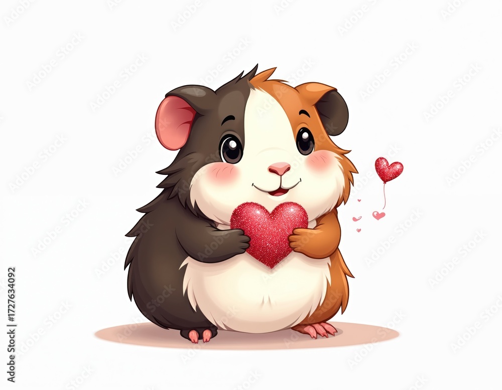 Obraz premium Cute cartoon guinea pig holds glittery heart. Small rodent with brown, white fur offers sparkling red heart. Tiny pink hearts float near head. Adorable creature isolated on clean white backdrop.