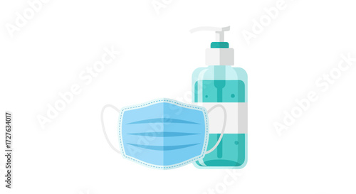 Blue Face Mask and Hand Sanitizer Bottle for Hygiene.