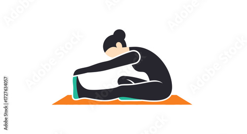 Illustration of a woman in a black catsuit performing the Head-to-Knee Forward Bend yoga pose.