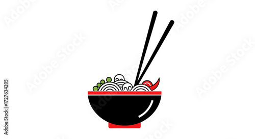 Bowl of Noodles with Chopsticks Toppings and Red Rim.