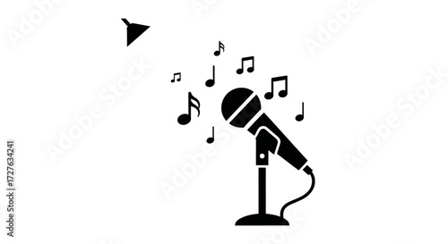 Simple black silhouette of a microphone on a stand with floating musical notes.