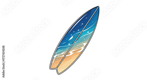 Artistic surfboard with a vibrant ocean and beach scene design.
