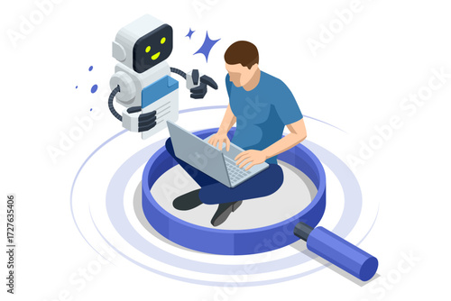 An isometric illustration of a man using an AI assistant to design a website or application on a large monitor, symbolizing automated UI UX creation. Machine learning technology, neural networks.