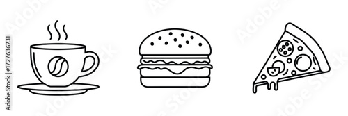 Delicious food icons featuring coffee, burger, and pizza slice perfect for restaurant menus, food blogs, or culinary designs, originally a scalable vector graphic
