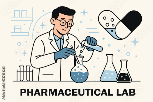 Scientist in pharmaceutical lab conducting experiments with test tubes and flasks