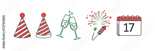 Festive cheer with party hats, celebratory drinks, fireworks, and a calendar marking the 17th day, perfect for invitations, social media posts, and holiday promotions