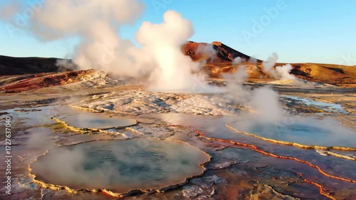 Powerful geysers erupt and hot springs bubble around a volcanic landscape, showcasing geothermal activity in a dynamic timelapse landscape, change, environment