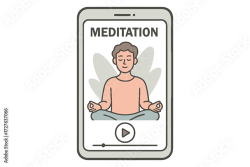 Man meditating on smartphone screen with calming nature background and play button