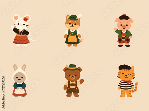 This illustration shows six cute anthropomorphic animals — a mouse, dog, pig, rabbit, bear, and cat — each dressed in traditional or cultural costumes from different regions.
