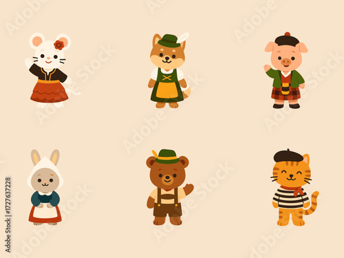 This illustration shows six cute anthropomorphic animals — a mouse, dog, pig, rabbit, bear, and cat — each dressed in traditional or cultural costumes from different regions.