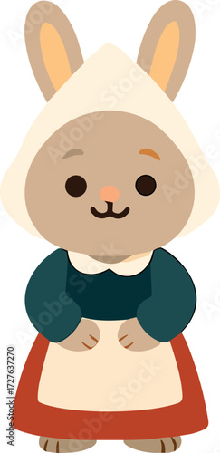 This image shows a cute cartoon rabbit dressed in traditional Dutch attire, featuring a white bonnet, a dark teal top, and a red skirt with an apron.