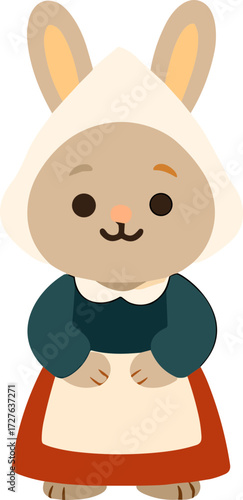 This image shows a cute cartoon rabbit dressed in traditional Dutch attire, featuring a white bonnet, a dark teal top, and a red skirt with an apron.