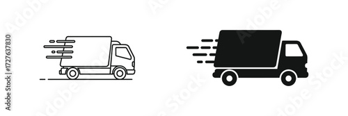 Fast delivery trucks in minimalist design, a modern and clean outline and solid black icon, perfect for logistics, shipping, transportation and express service promotions