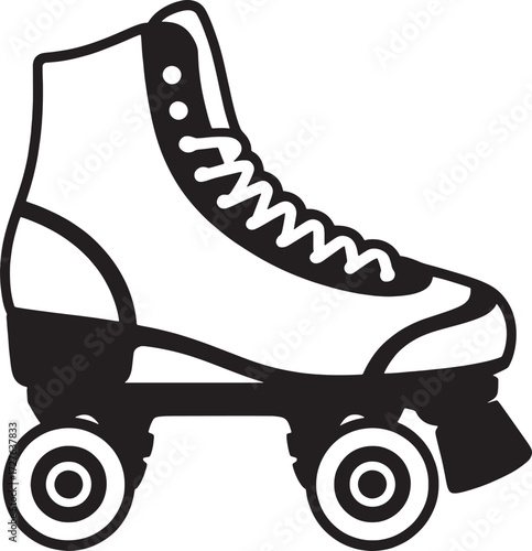 Black and white graphic illustration of a roller skate with laces and four wheels quad skate retro skate