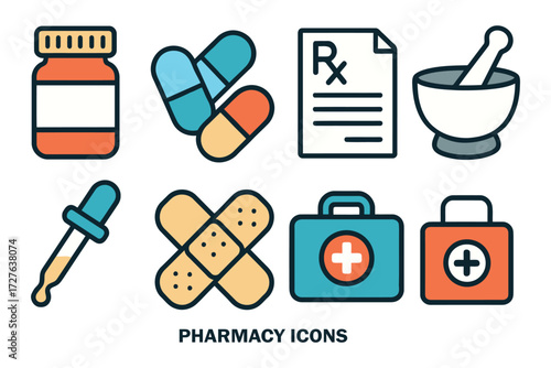 Collection of flat design pharmacy and medical icons for healthcare and medicine concepts