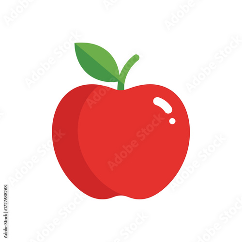 A simple, stylized illustration of a bright red apple with a green leaf and stem.