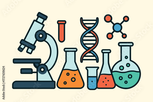 Colorful collection of scientific equipment and molecular structures for research