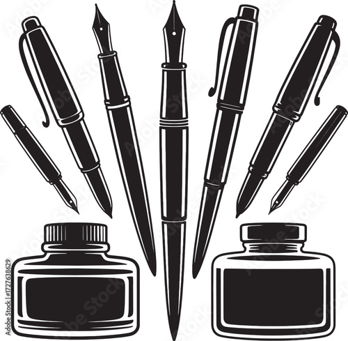 Black silhouette collection of fountain pens and ink bottles on white background writing stationery