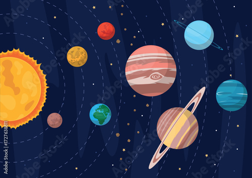 Vector cartoon flat illustration of Solar System. Map of space with planets and sun.