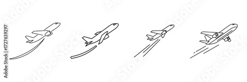 Four sleek airplanes taking flight, ideal for travel, aviation, or transportation themes; a clean, minimalist design with a touch of modern sophistication, and vector origin