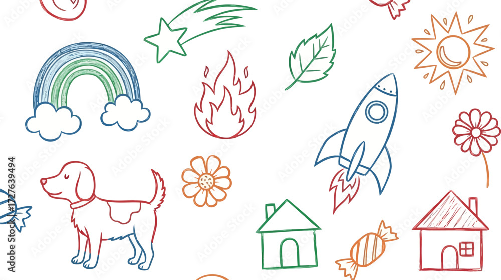 Fototapeta premium Vector art of cute handdrawn doodle elements including a dog, rainbow, rocket, sun, and house