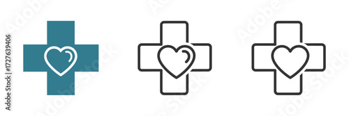 Three modern healthcare icons showcasing crosses with heart symbols, ideal for clinics, hospitals, or medical campaigns conveying care and wellbeing in a minimalist style