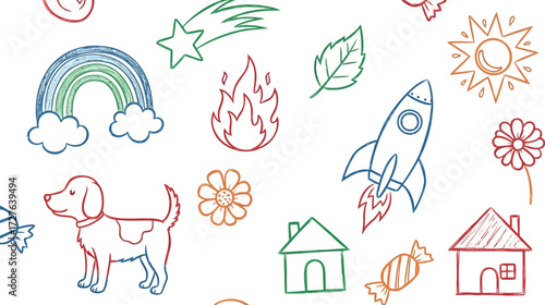 Vector art of cute handdrawn doodle elements including a dog, rainbow, rocket, sun, and house