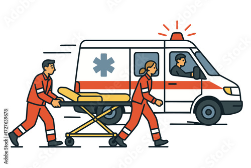 Paramedics rush patient on stretcher towards ambulance with emergency lights flashing