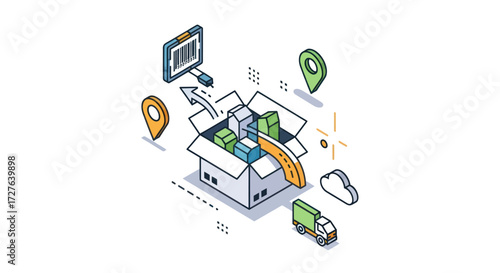 Isometric Illustration of Package Tracking and Delivery.