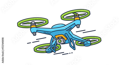 A vibrant cartoon illustration of a blue quadcopter drone with green propellers and a camera depicted in mid-flight.