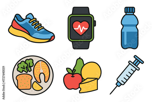 Healthy lifestyle icons running shoe smartwatch water bottle food and syringe