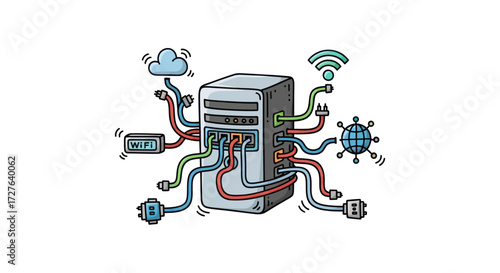 Cartoon illustration of a central server hub with colorful cables connecting to cloud Wi-Fi and network icons.