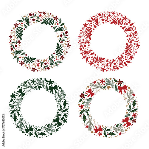 A hand-drawn Christmas wreath with green and red leaves. A bright illustration. Festive circles.