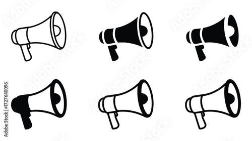 Vector art of a set of six megaphone icons in black and white, symbolizing communication, announcement, and promotion