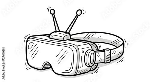 Hand-drawn Virtual Reality Headset with Antennas Doodle Illustration.