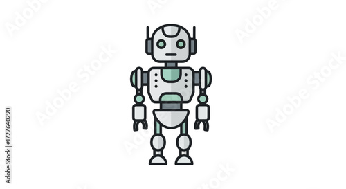 A simple cartoon illustration of a friendly white and grey humanoid robot with two antennae.