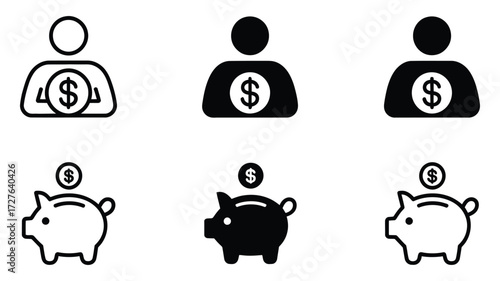 Vector art of illustrations of a person with a dollar sign on their chest and a piggy bank with a dollar coin